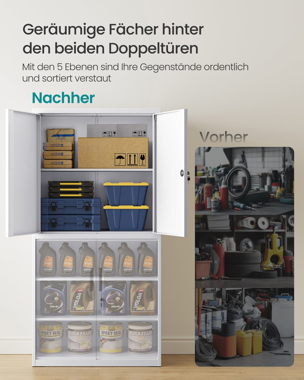 Aktenschrank mit 4 Türen und 5 Ebenen 40 x 80 x 180 cm mattweiß
