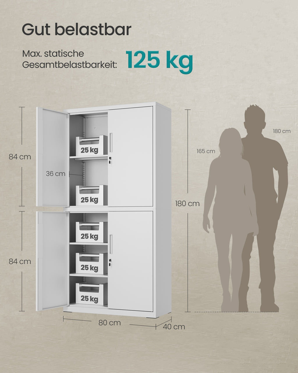 Aktenschrank mit 4 Türen und 5 Ebenen 40 x 80 x 180 cm mattweiß
