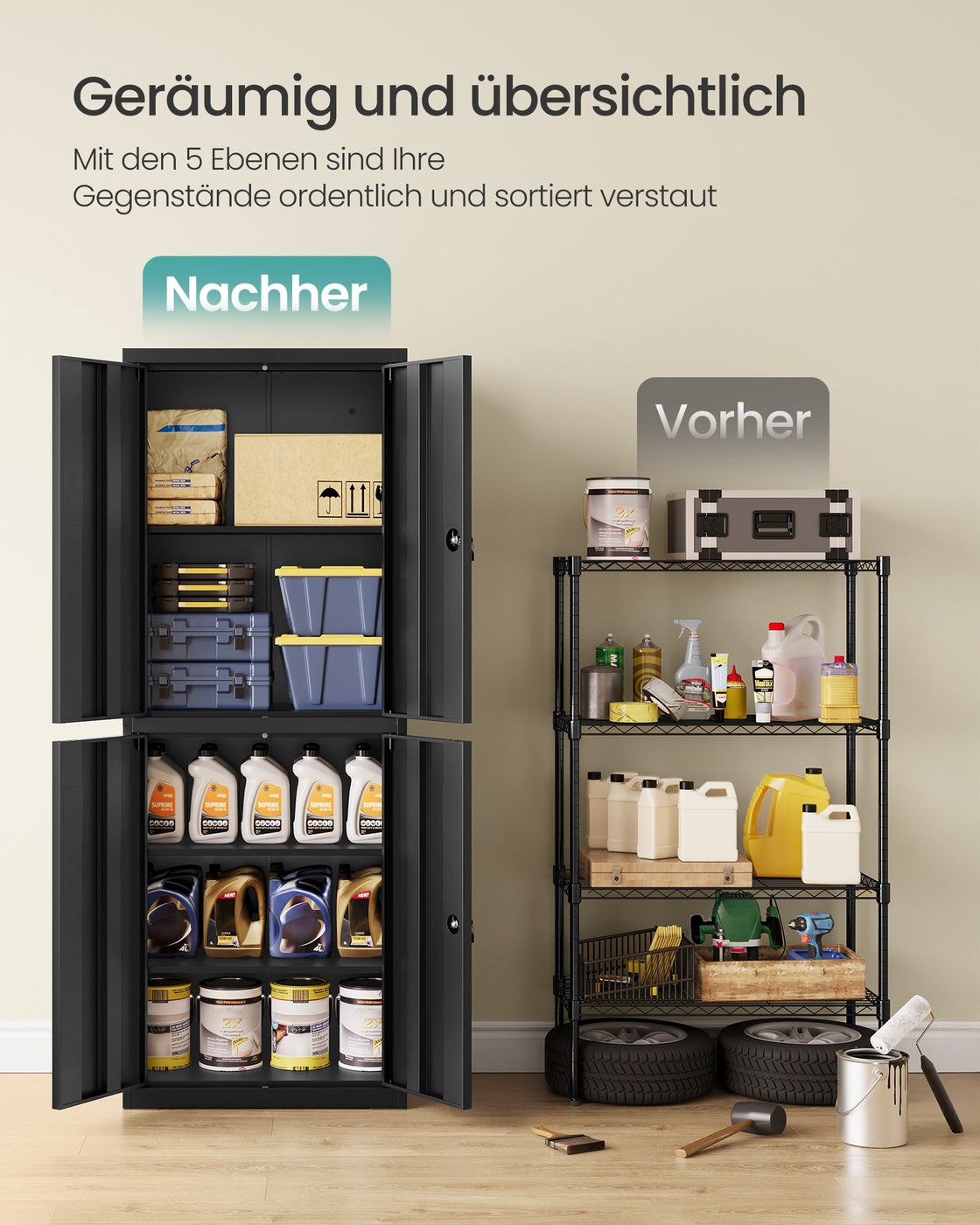 Vielseitiger Stahlschrank mit 4 Türen und 5 Ebenen Mattschwarz
