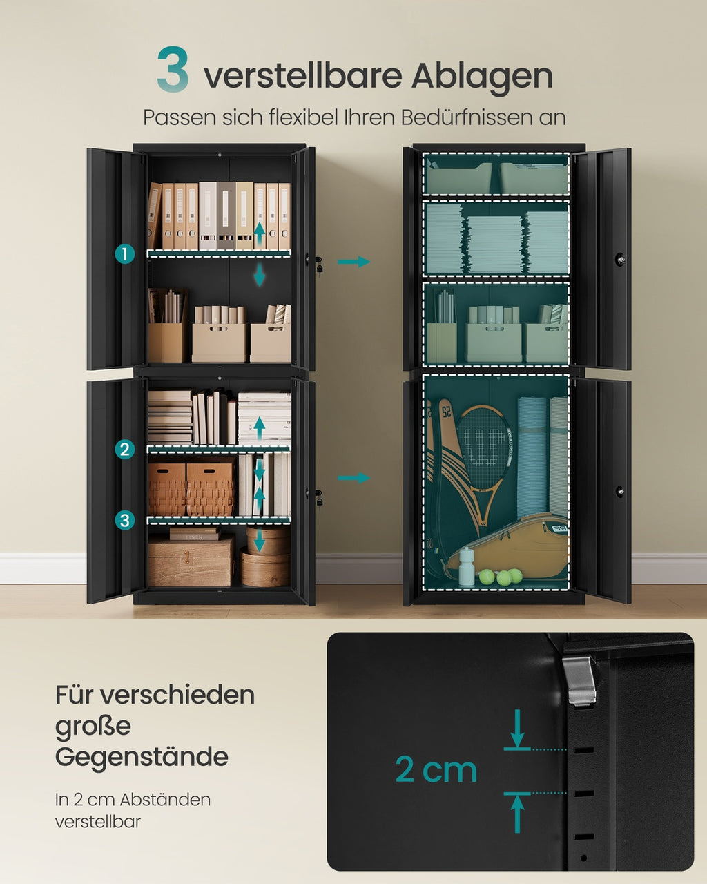 Vielseitiger Stahlschrank mit 4 Türen und 5 Ebenen Mattschwarz