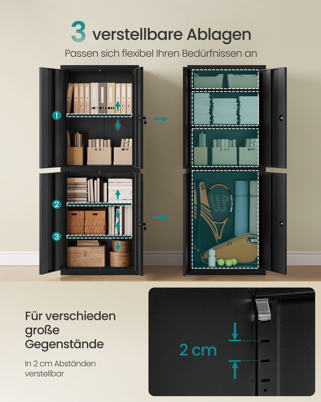 Vielseitiger Stahlschrank mit 4 Türen und 5 Ebenen Mattschwarz