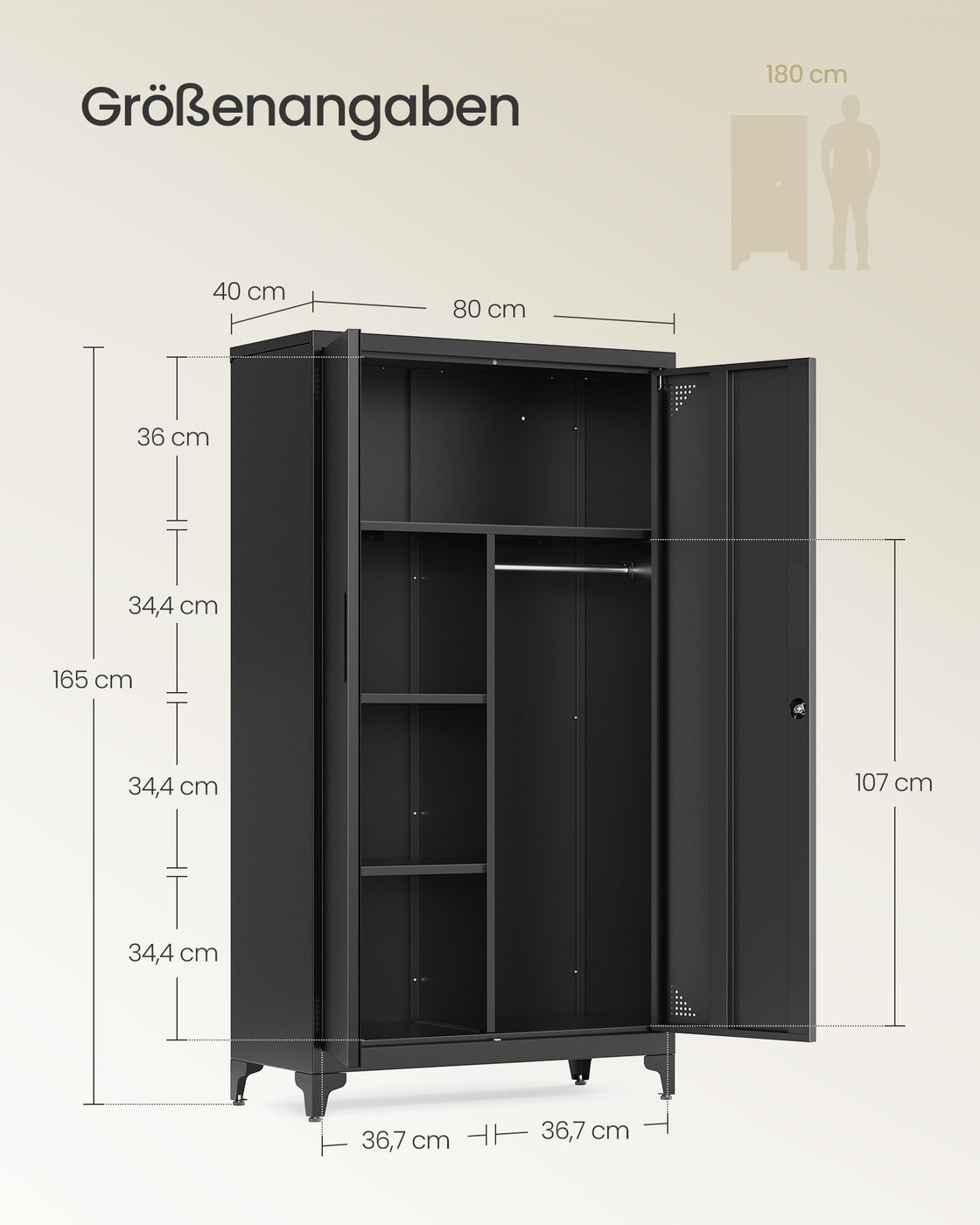 Mehrzweckschrank mit 2 Türen 5 Fächer 80 x 40 x 165 cm mattschwarz