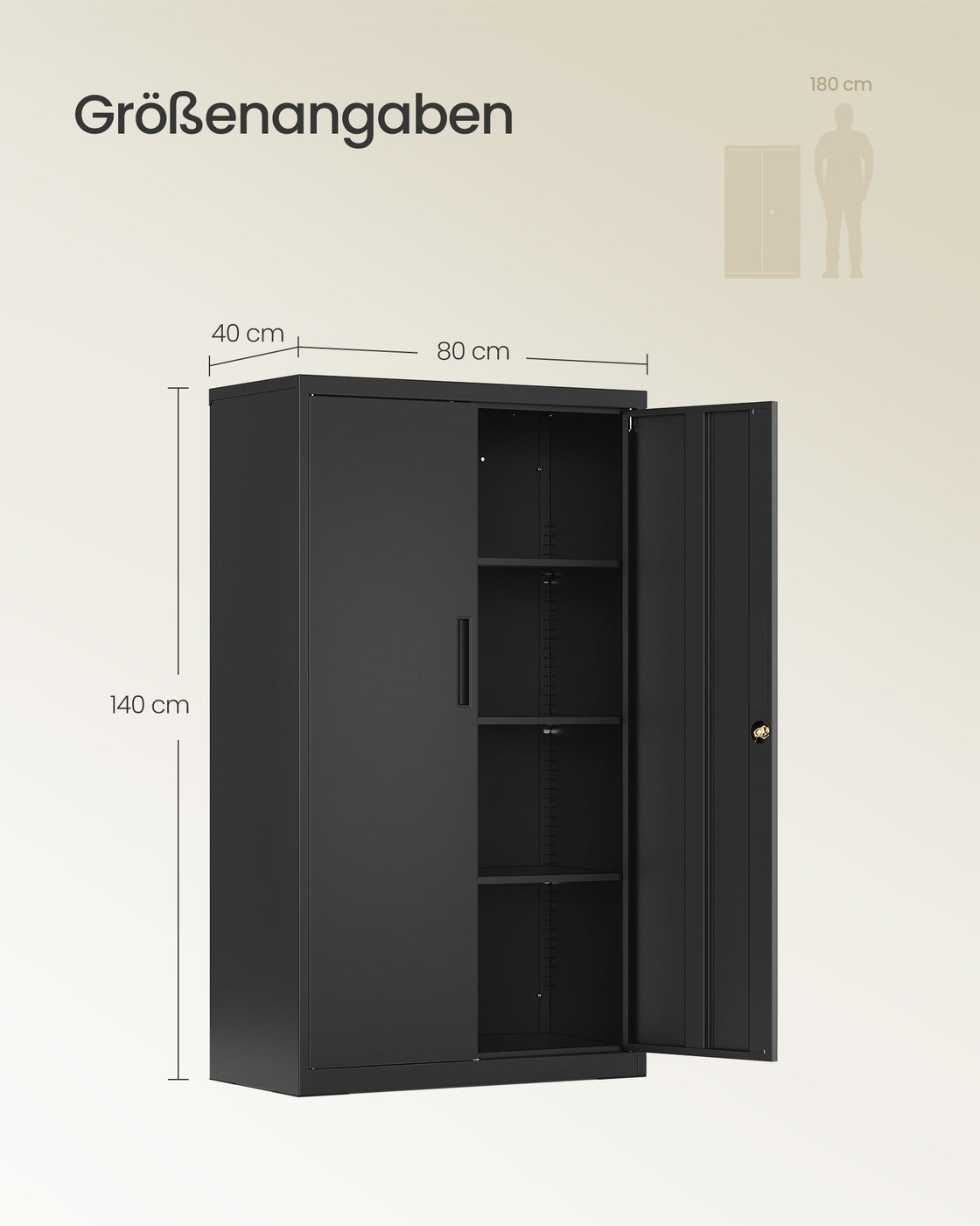 Aktenschrank abschließbar 3 verstellbare Ablagen 80 x 40 x 140 cm mattschwarz