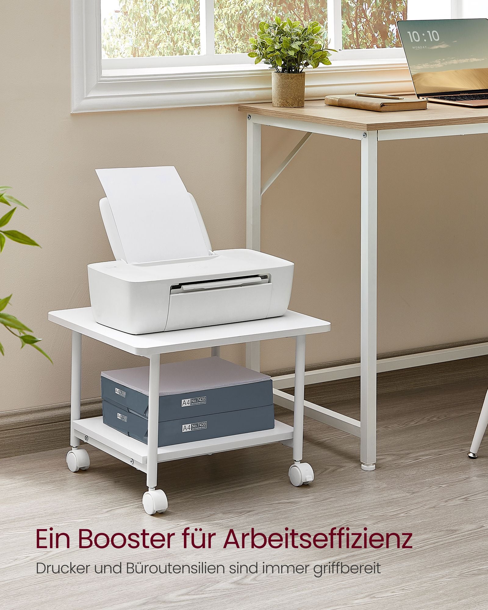 Druckertisch mit Rollen und 2 Ebenen weiß