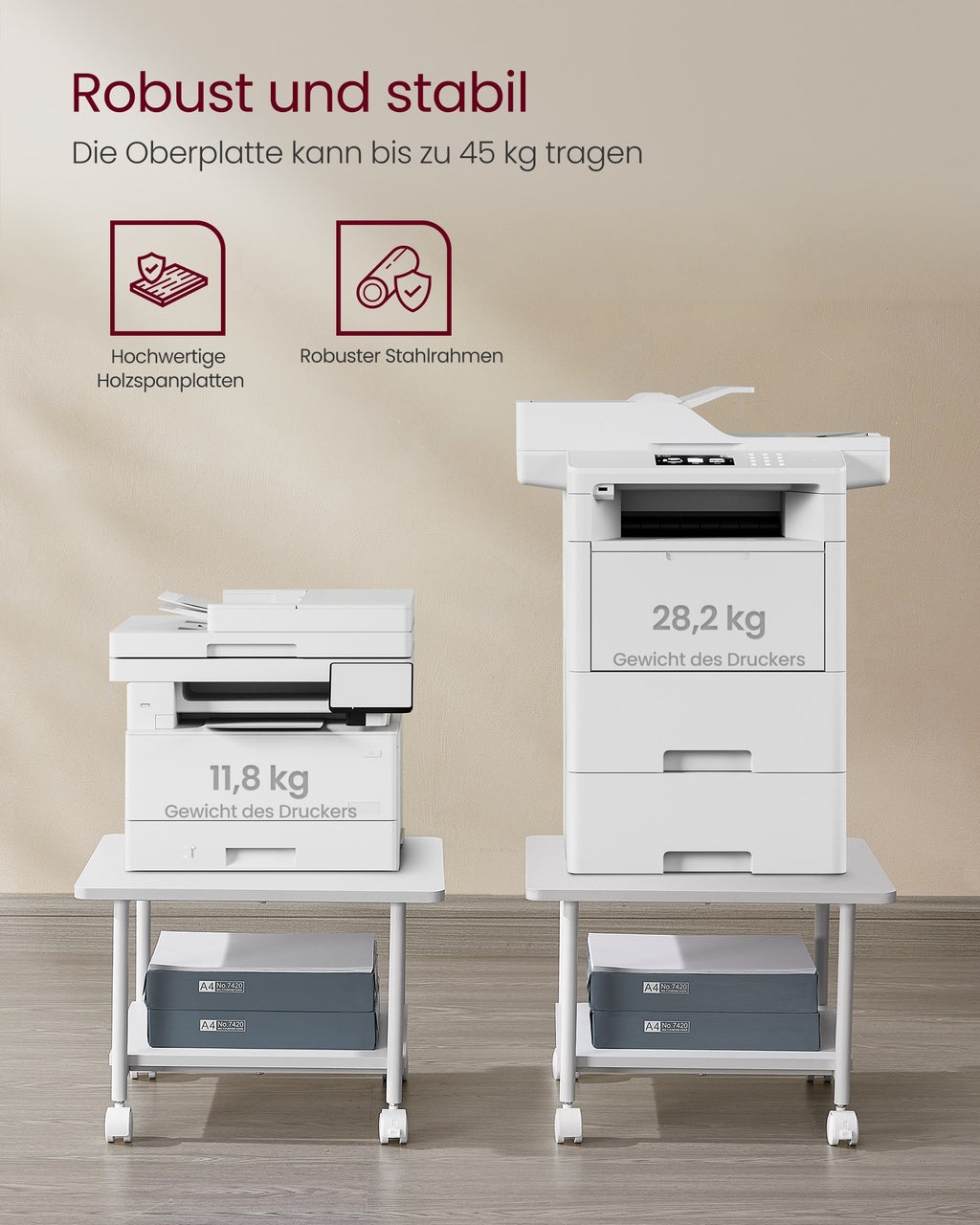 Druckertisch mit Rollen und 2 Ebenen weiß