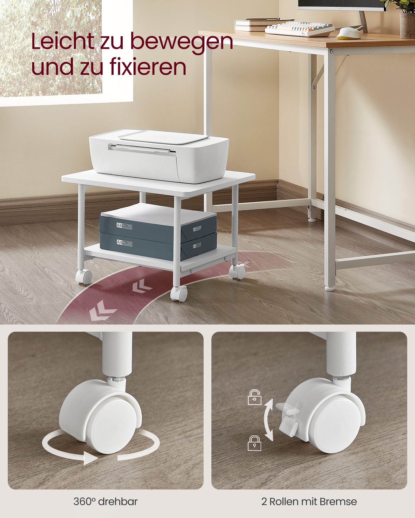 Druckertisch mit Rollen und 2 Ebenen weiß