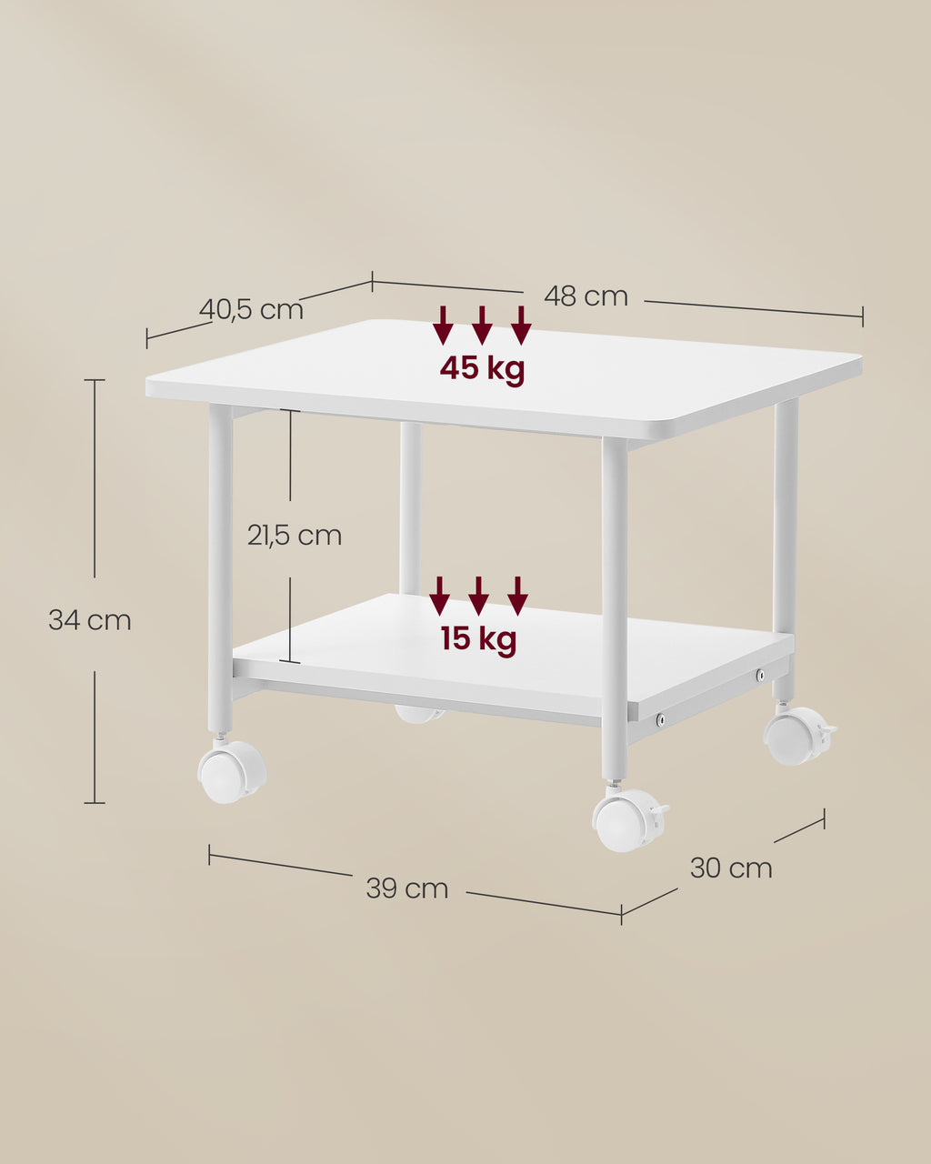 Druckertisch mit Rollen und 2 Ebenen weiß