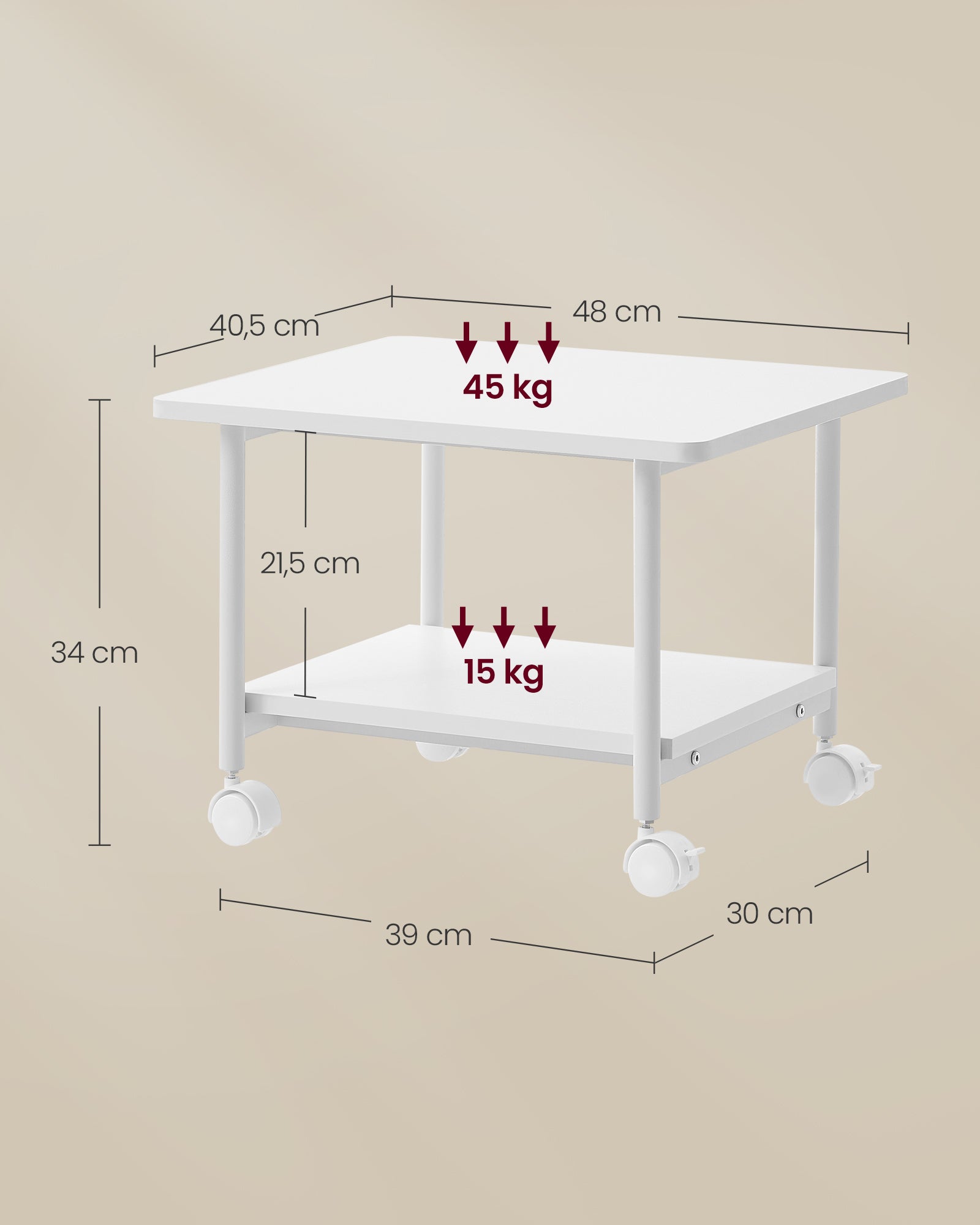 Druckertisch mit Rollen und 2 Ebenen weiß