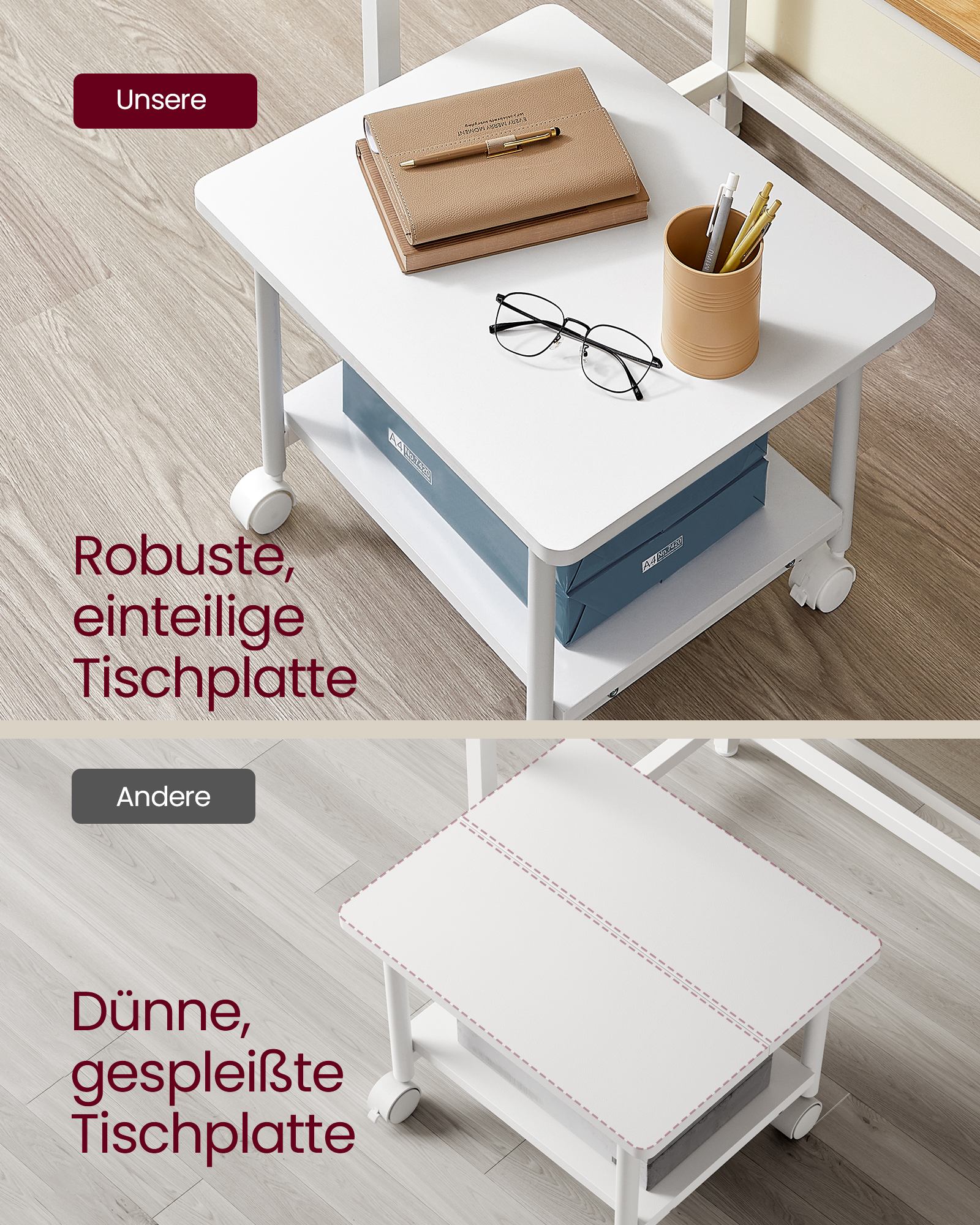 Druckertisch mit Rollen und 2 Ebenen weiß
