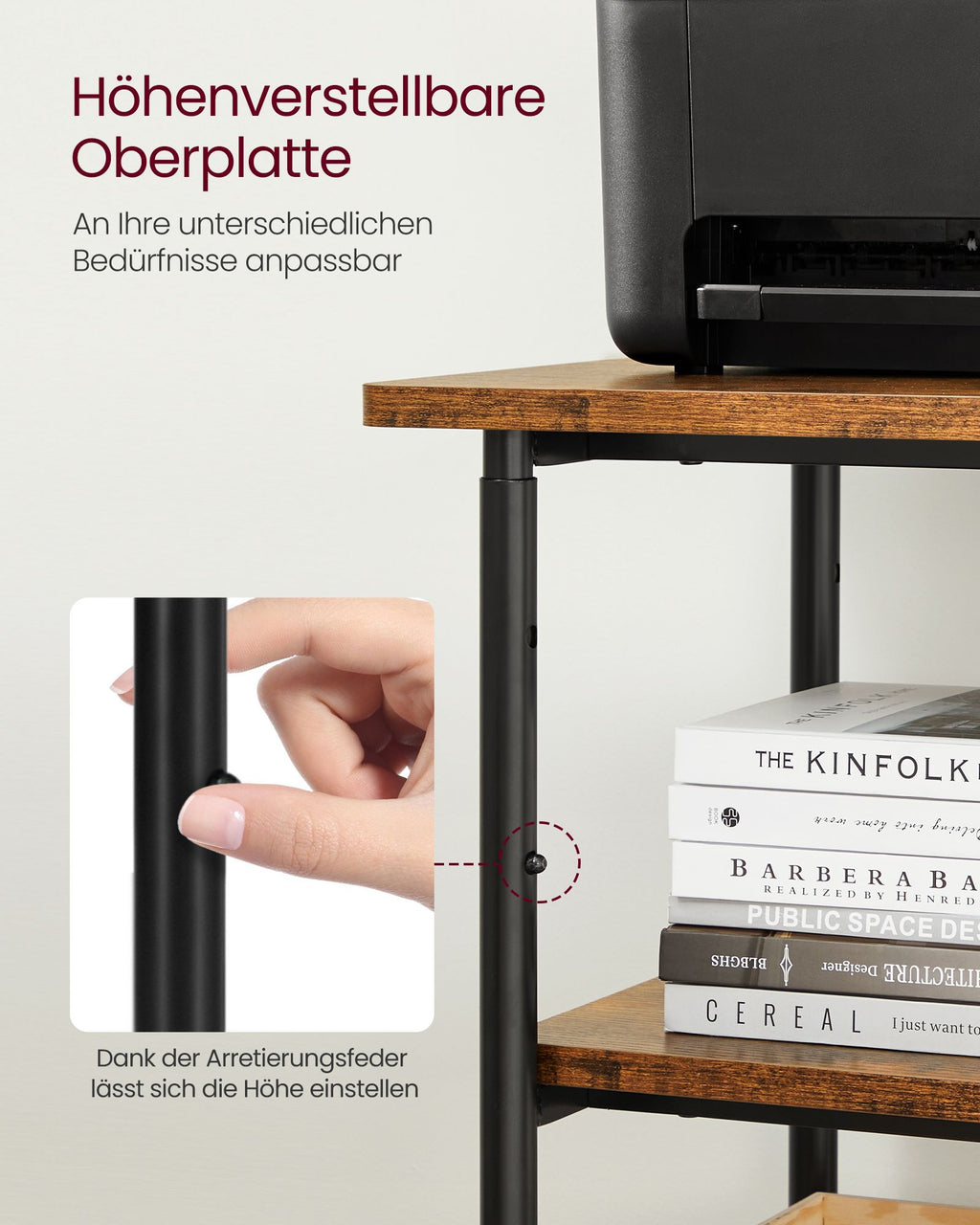 Druckertisch mit 3 Ebenen und Rädern