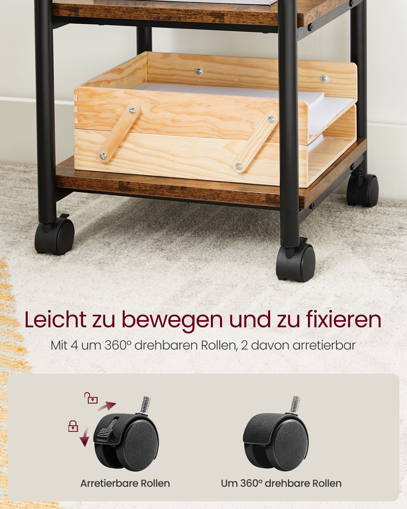 Druckertisch mit 3 Ebenen und Rädern