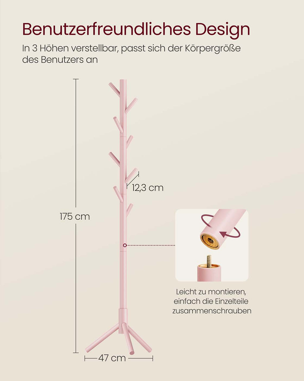 B0D926MV74	Garderobenständer in Baumform mit 3 verstellbare Höhen pastellrosa