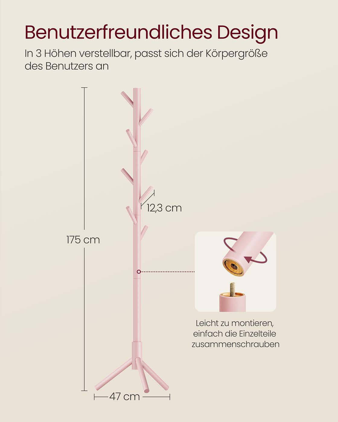 B0D926MV74	Garderobenständer in Baumform mit 3 verstellbare Höhen pastellrosa