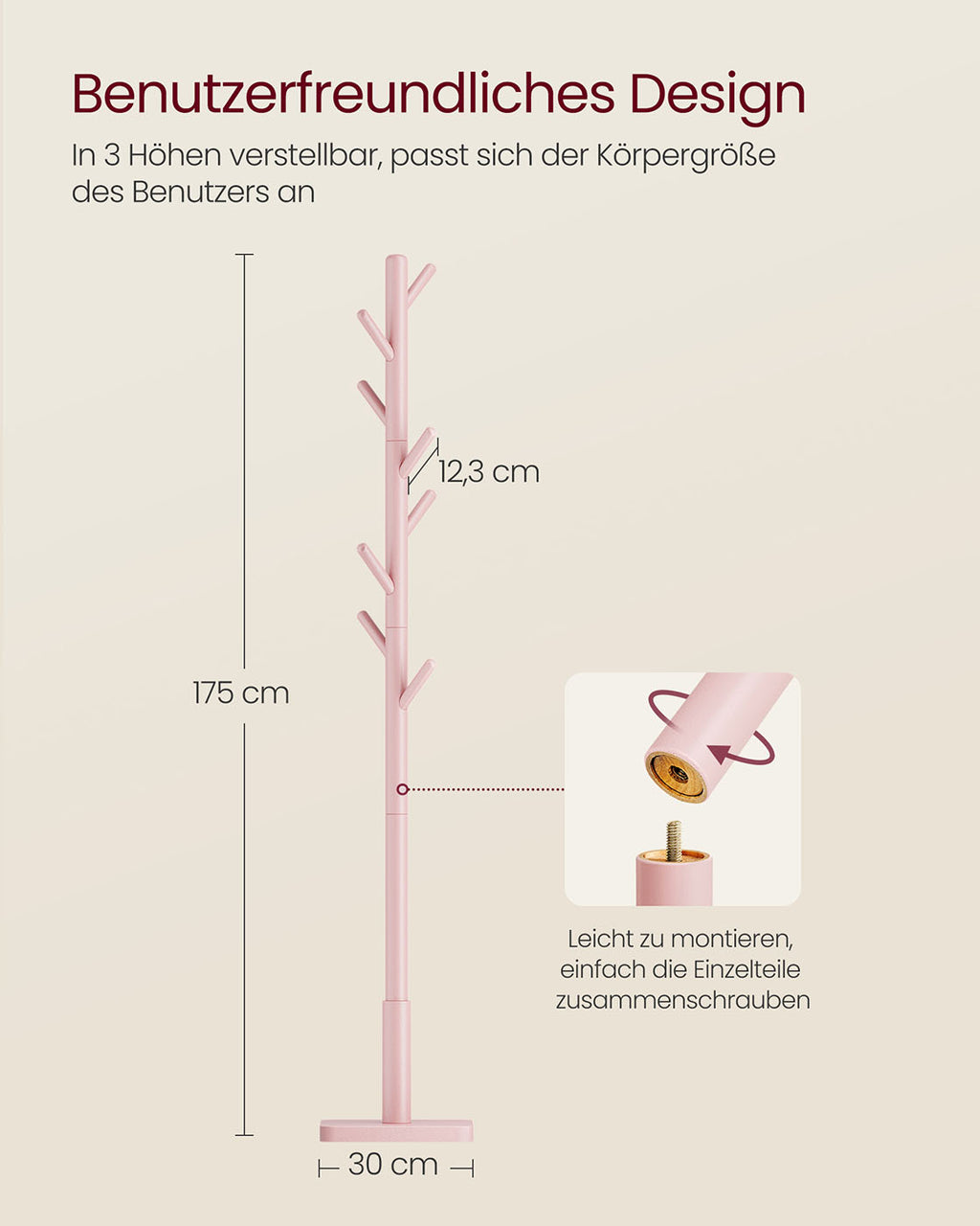 Kleiderständer aus Massivholz mit 8 Haken pastellrosa