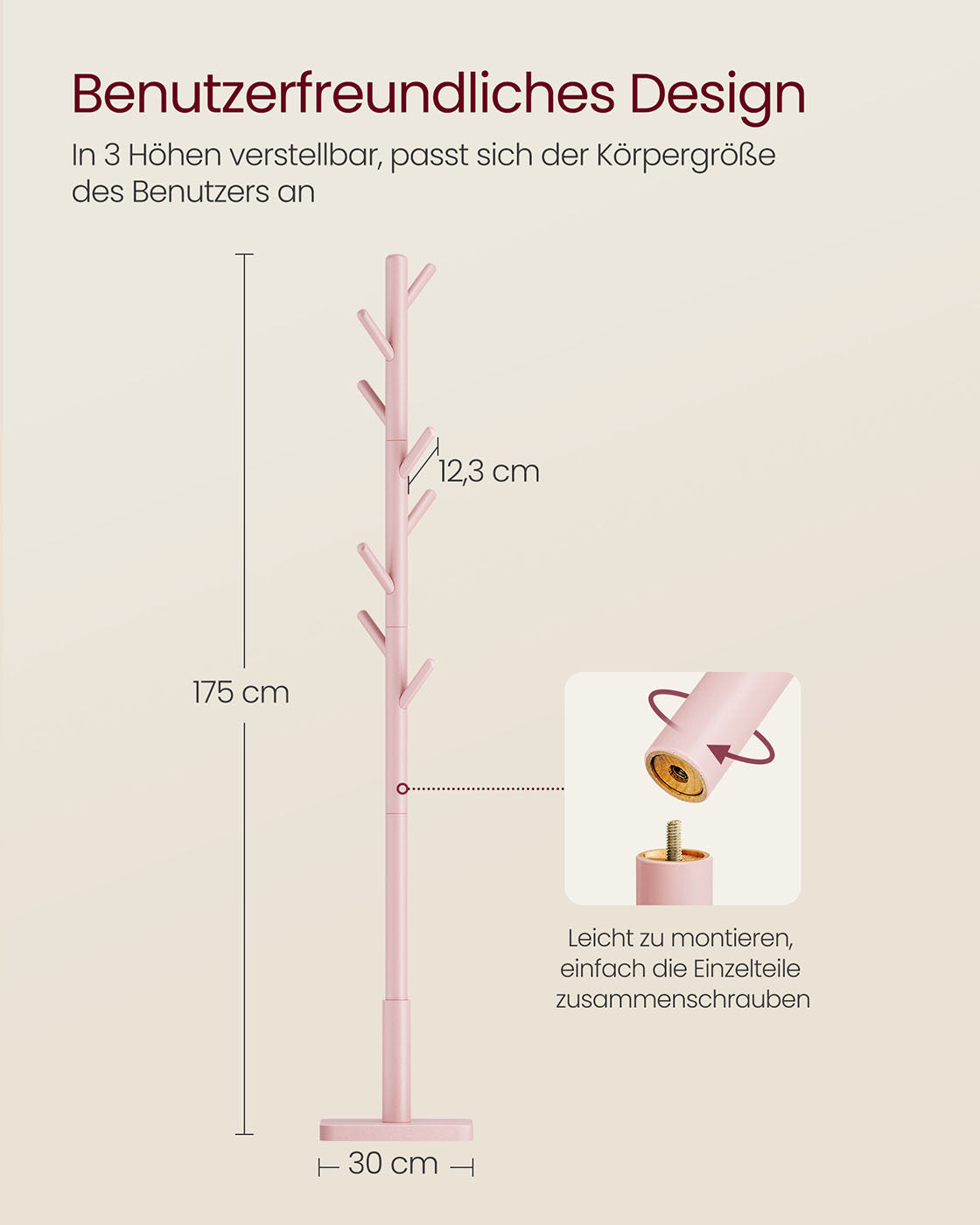 Kleiderständer aus Massivholz mit 8 Haken pastellrosa