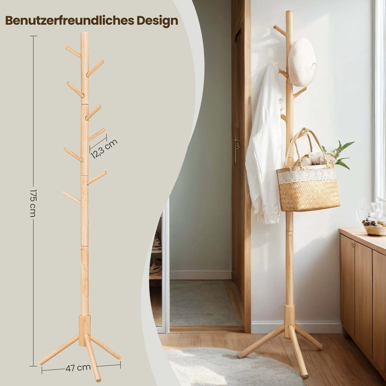 Garderobenständer, Kleiderständer aus Massivholz, Garderobe in Baumform