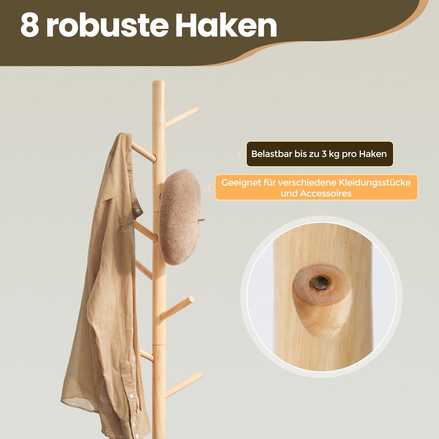 Garderobenständer, Kleiderständer aus Massivholz, Garderobe in Baumform