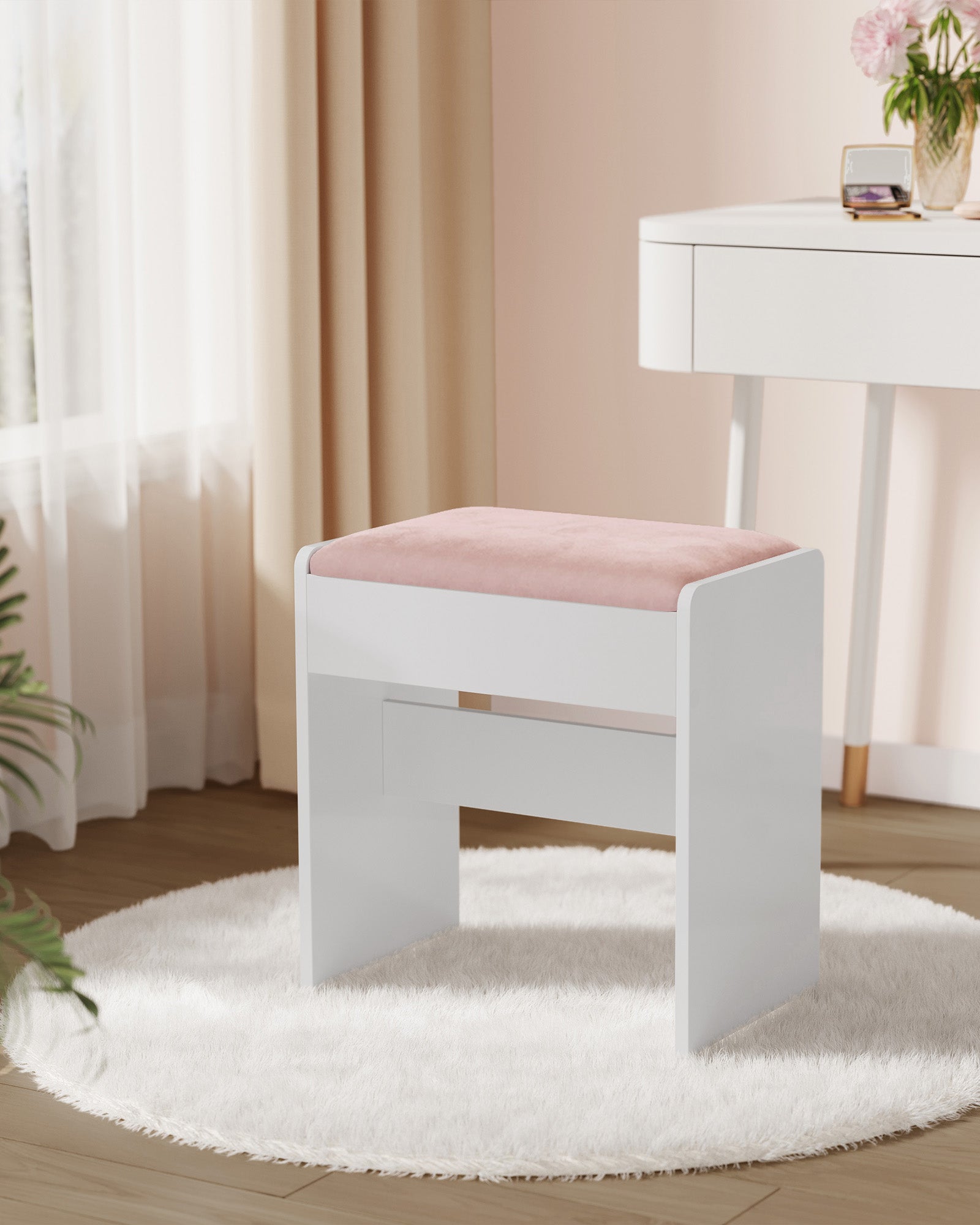 Hocker Schminktisch aus Samt mattweiß-pastellrosa