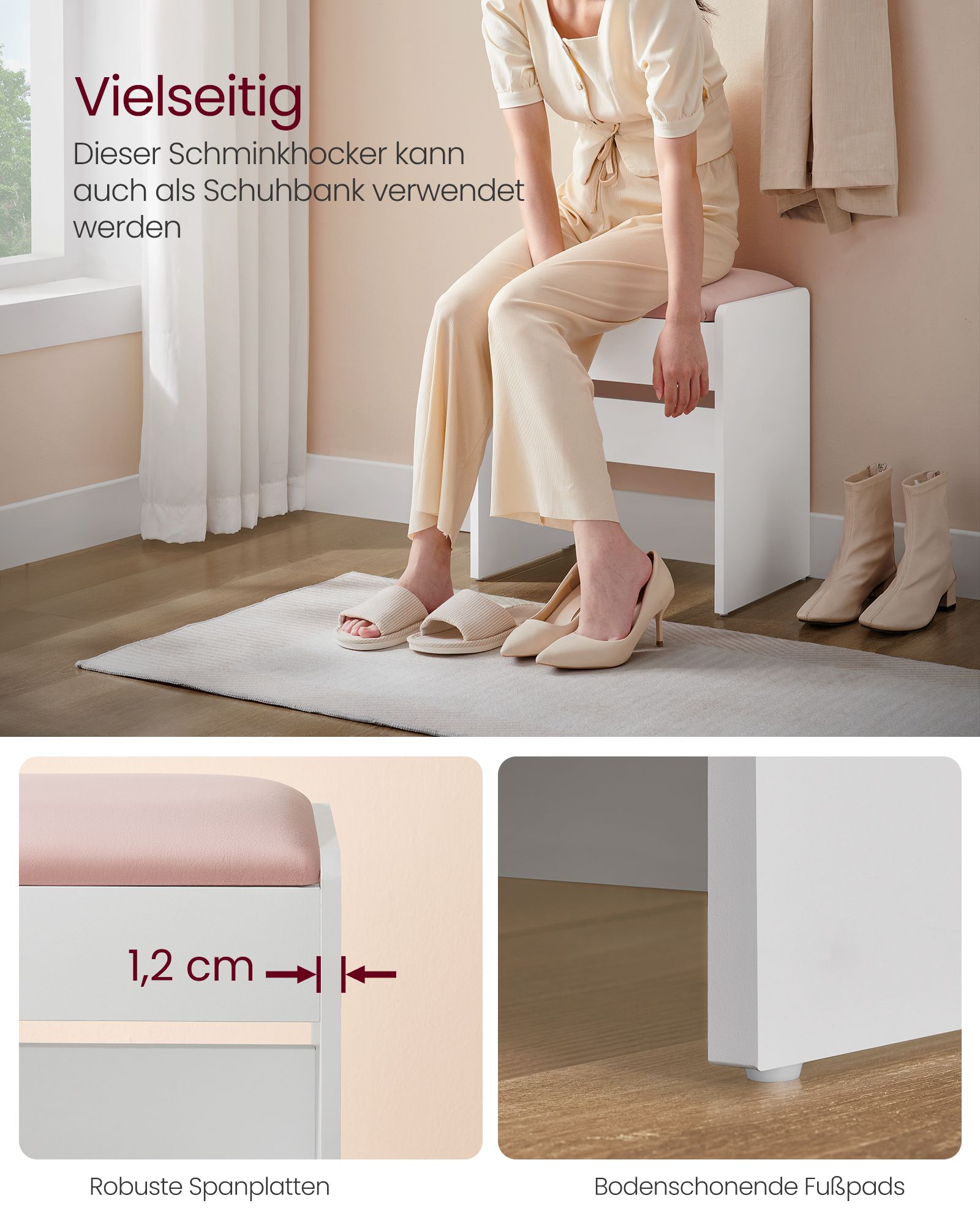 Hocker Schminktisch aus Samt mattweiß-pastellrosa