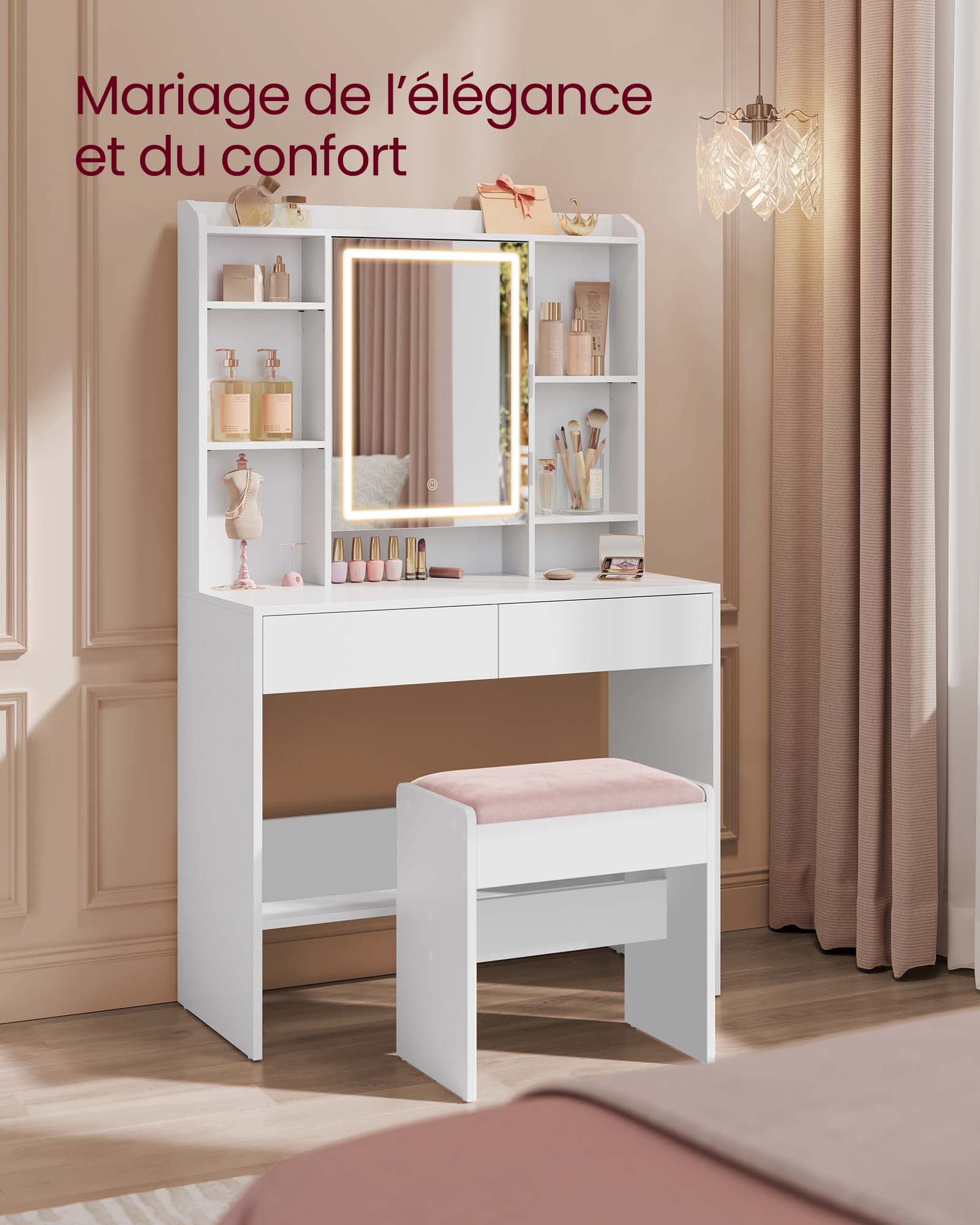 Hocker Schminktisch aus Samt mattweiß-pastellrosa