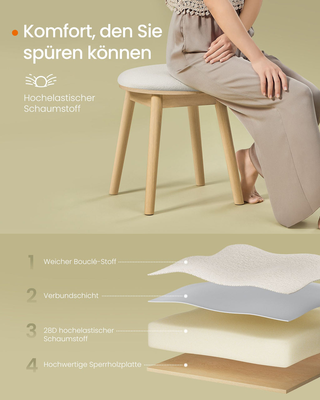 Schminkhocker rund Boho-Stil cremeweiß-eichenbeige