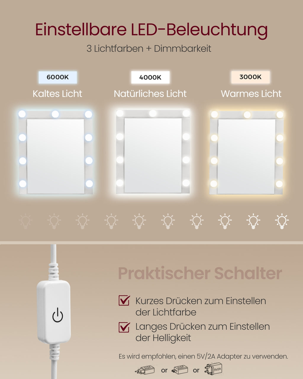 Frisiertisch mit Spiegel und Glühbirnen
