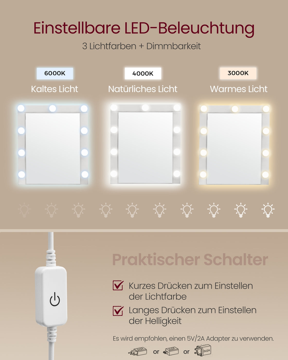 Frisiertisch mit Spiegel und Glühbirnen
