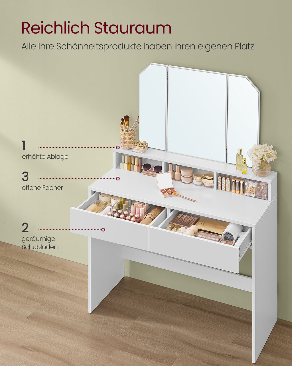 Frisiertisch mit Klappspiegel und 2 Schubladen Weiß