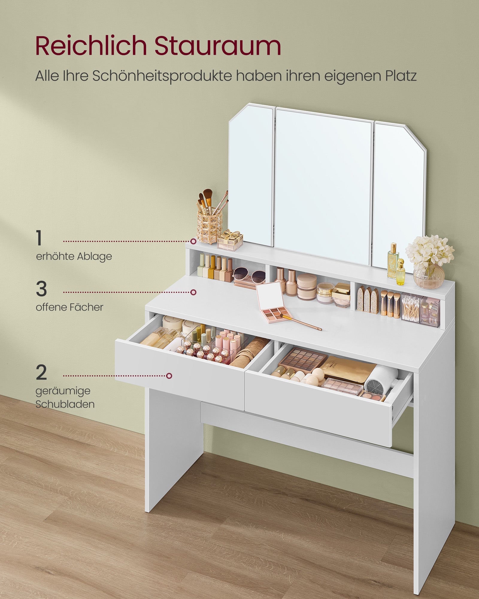 Frisiertisch mit Klappspiegel und 2 Schubladen Weiß
