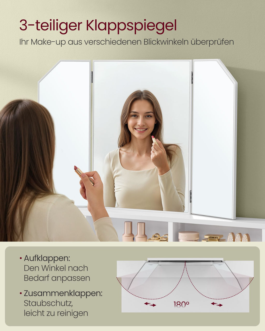 Frisiertisch mit Klappspiegel und 2 Schubladen Weiß