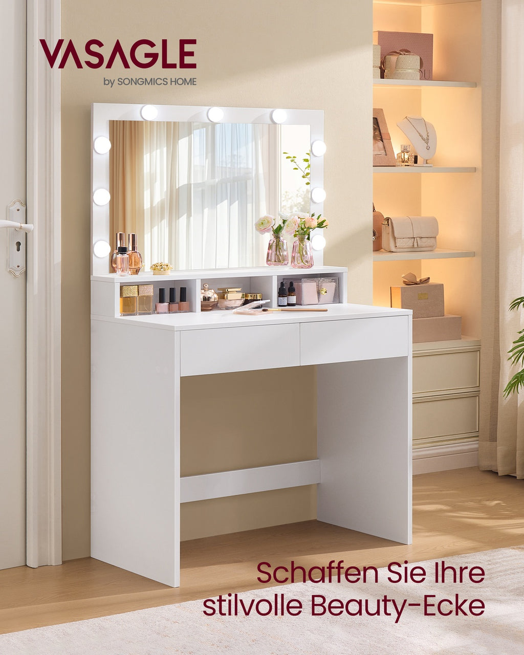 Schminktisch mit Spiegel und Glühbirnen