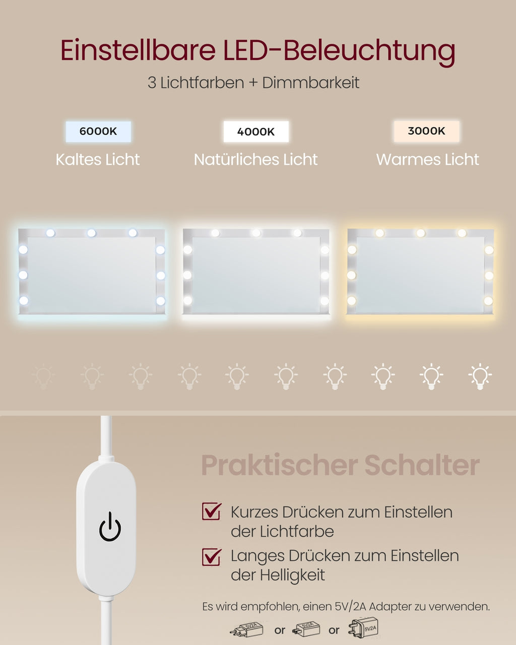 Schminktisch mit Spiegel und Glühbirnen