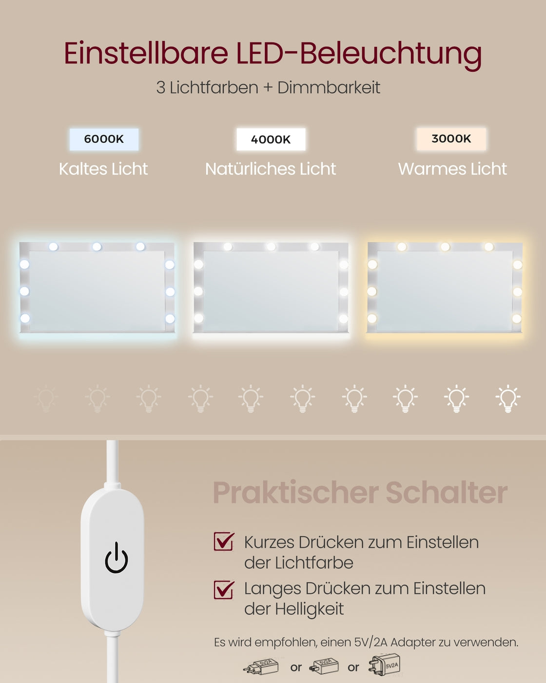 Schminktisch mit Spiegel und Glühbirnen