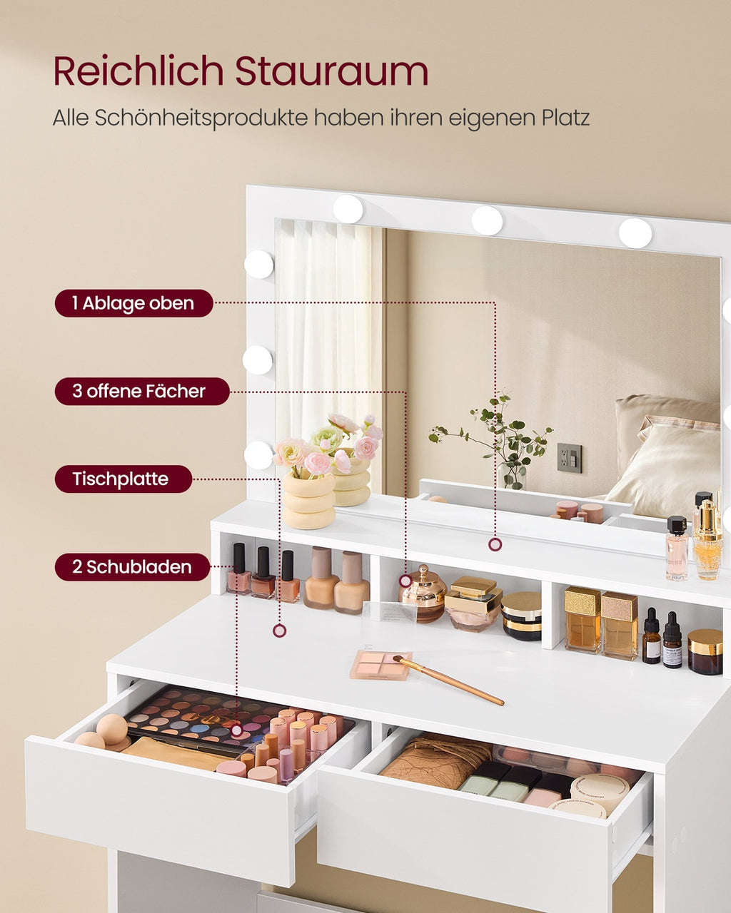 Schminktisch mit Spiegel und Glühbirnen