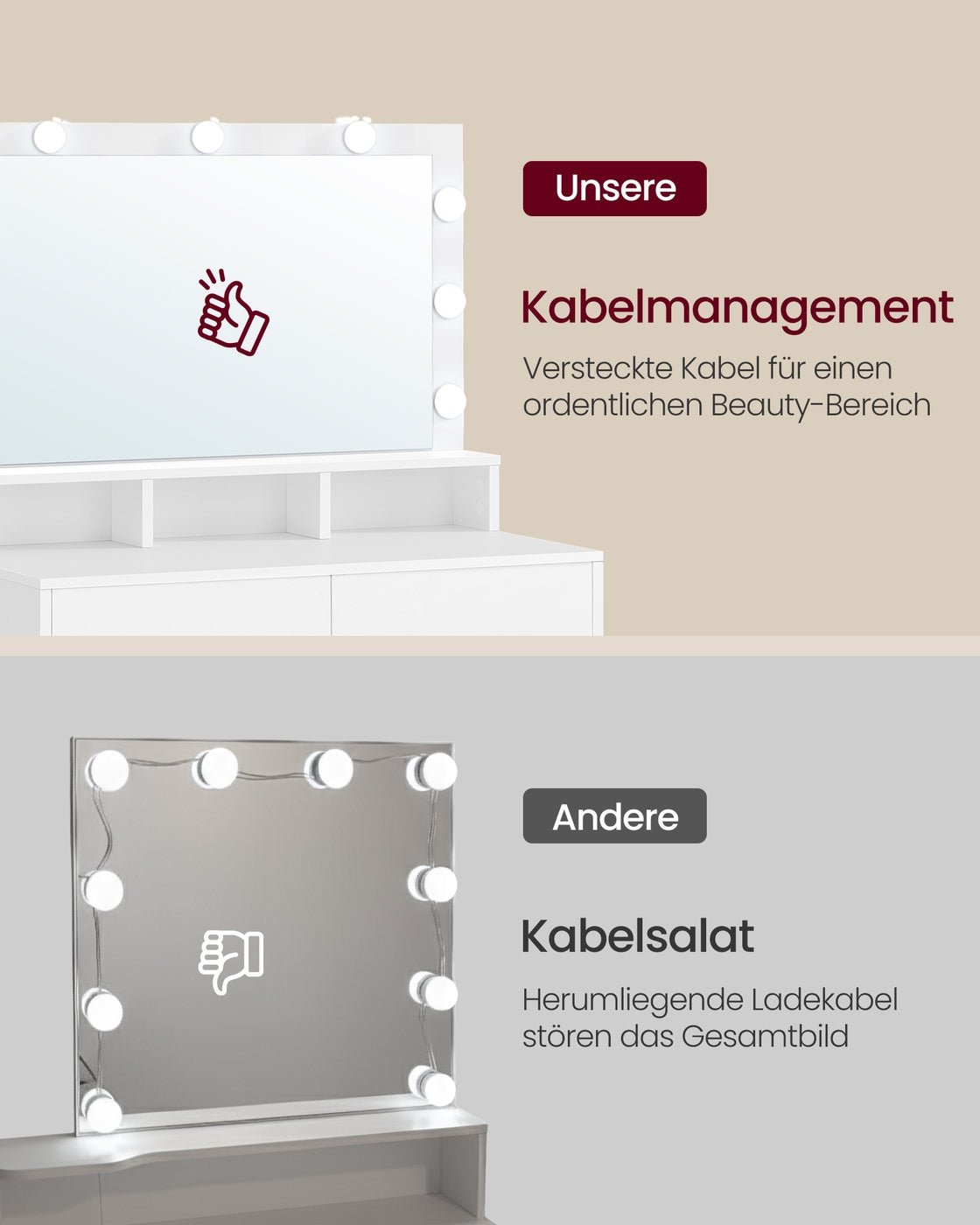 Schminktisch mit Spiegel und Glühbirnen