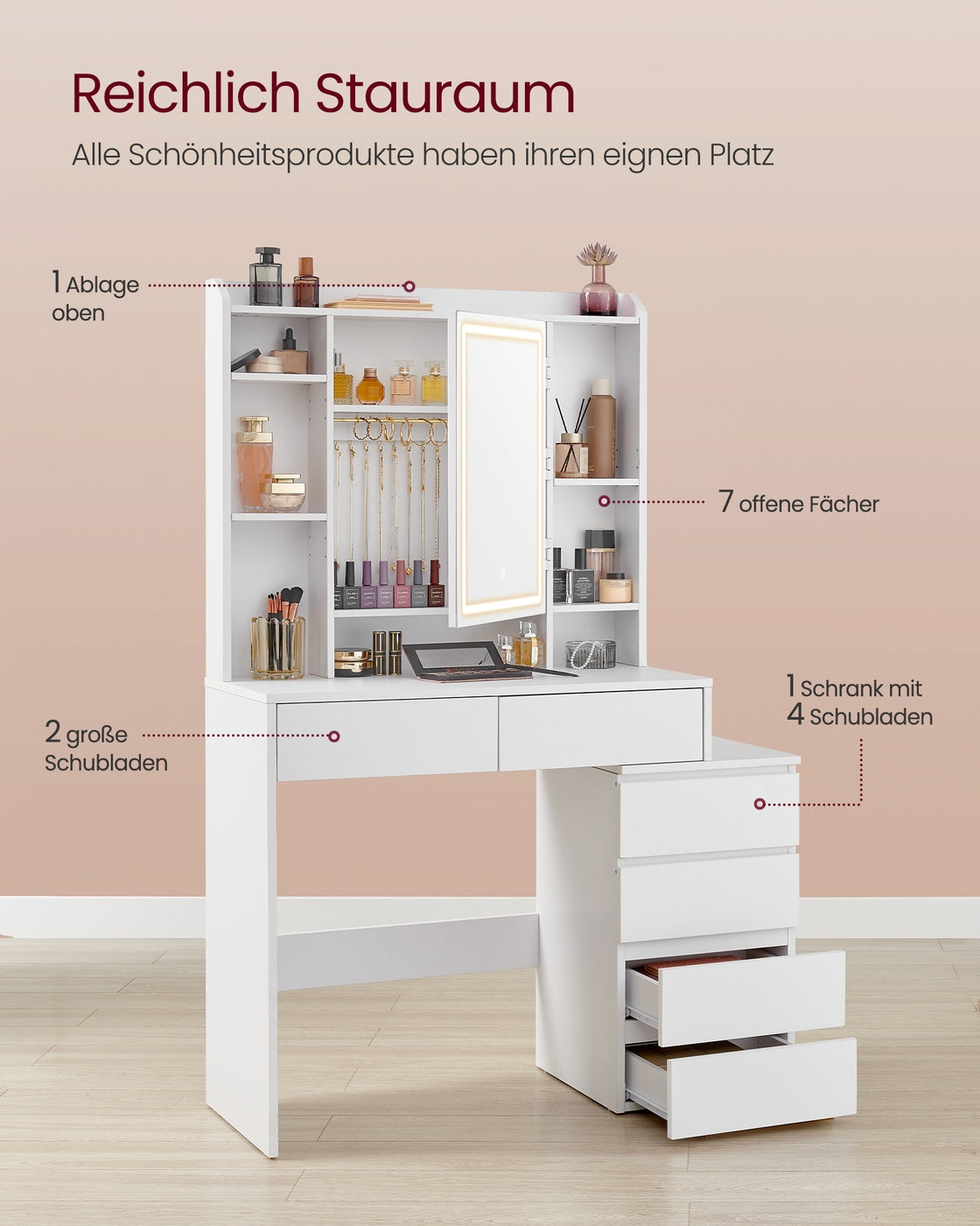 Schminktisch mit LED-Beleuchtung modern wolkenweiß