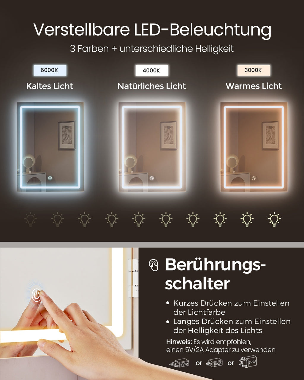 Schminktisch mit LED-Beleuchtung modern wolkenweiß