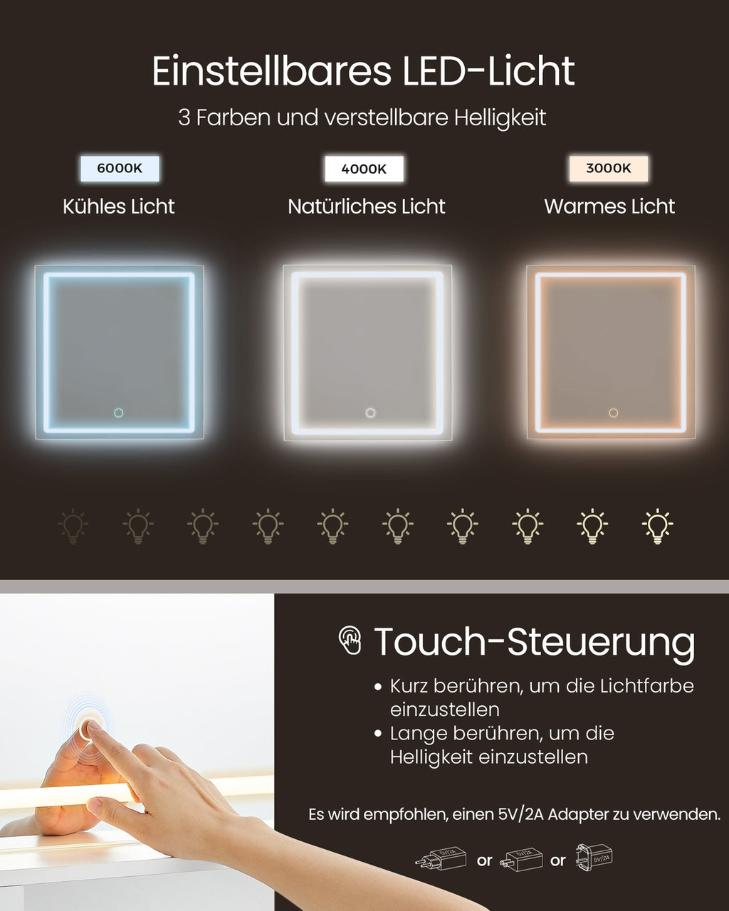 Schminktisch mit LED-Beleuchtung 90 cm breit