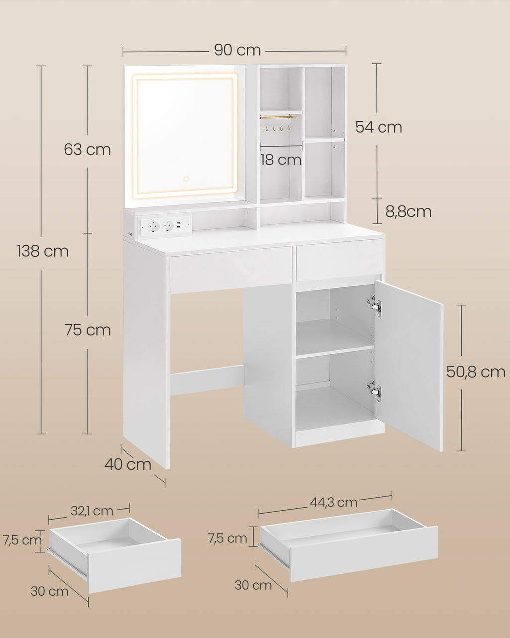 Schminktisch mit LED-Beleuchtung 90 cm breit