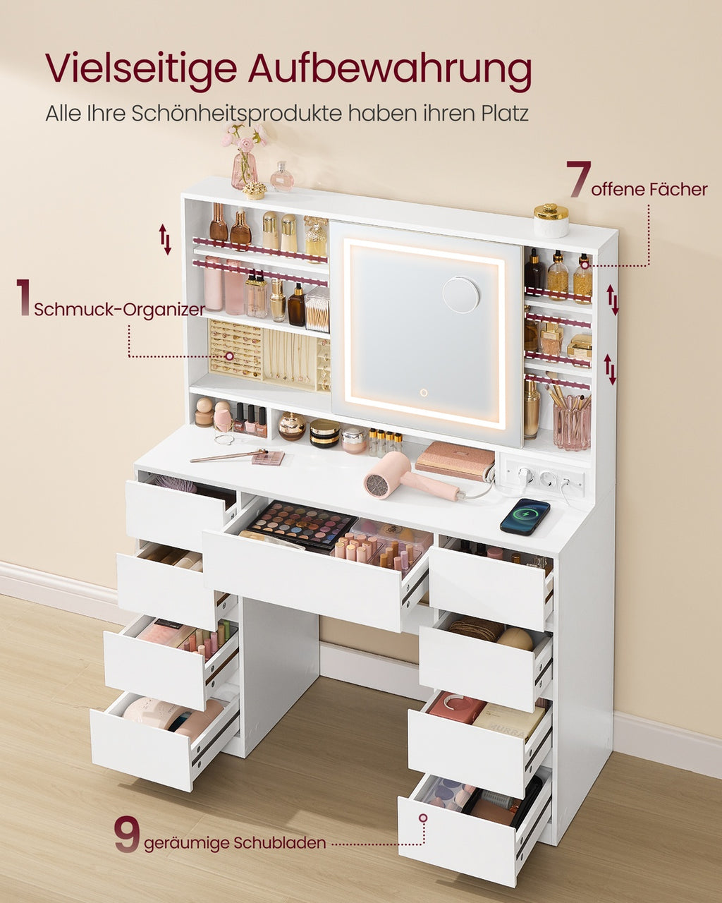 Schminktisch mit LED Spiegel Steckdose und neun Schubladen