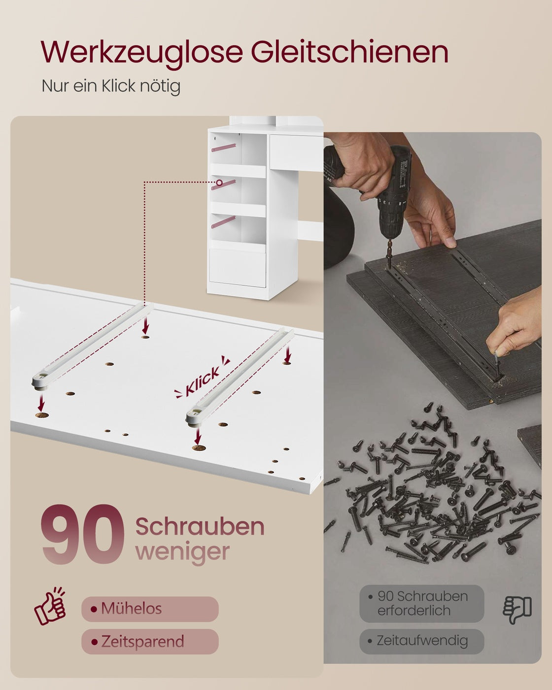 Schminktisch mit LED Spiegel Steckdose und neun Schubladen