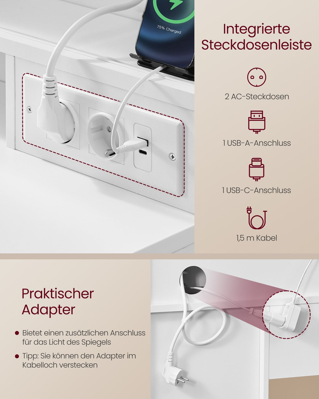 Schminktisch mit LED Spiegel Steckdose und neun Schubladen
