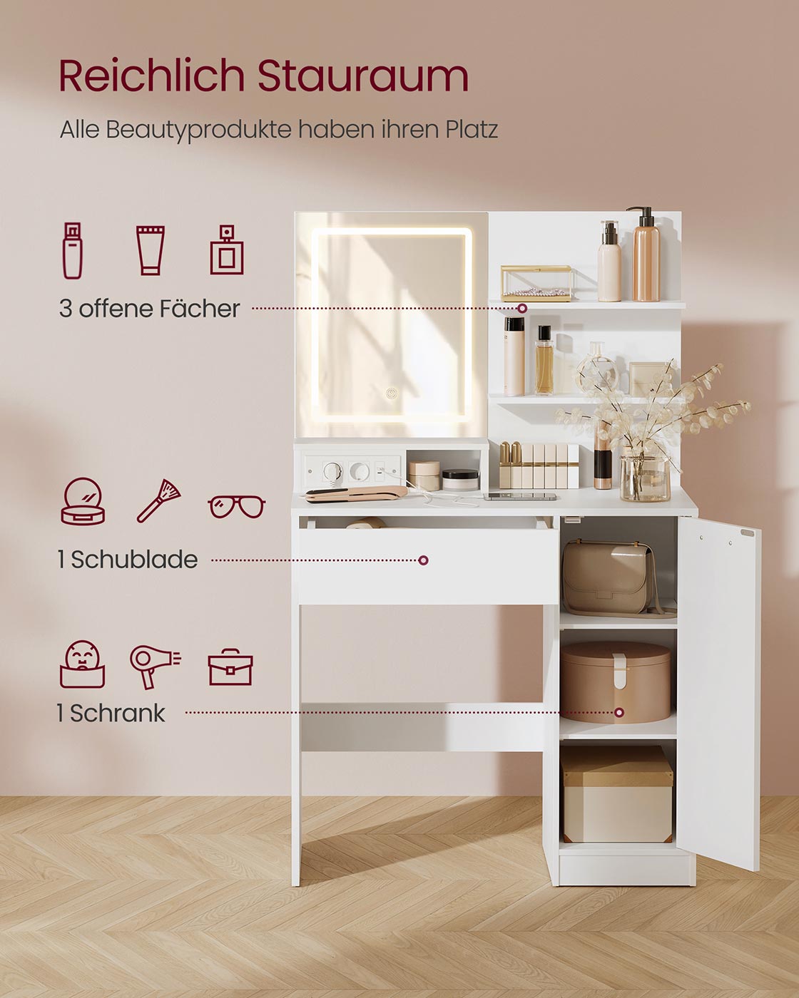 Kailyn Kollektion - Schminktisch mit LED-Spiegel Schublade und offenen Ablagen