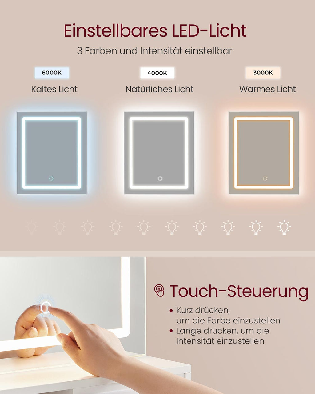 Kailyn Kollektion - Schminktisch mit LED-Spiegel Schublade und offenen Ablagen