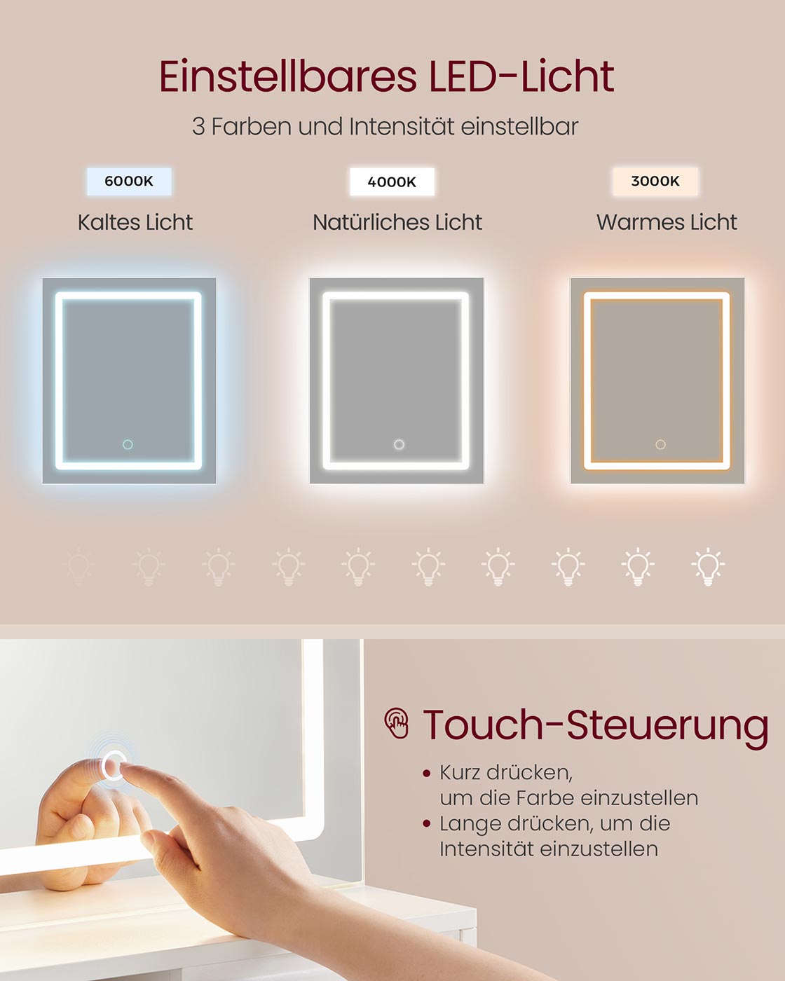 Kailyn Kollektion - Schminktisch mit LED-Spiegel Schublade und offenen Ablagen