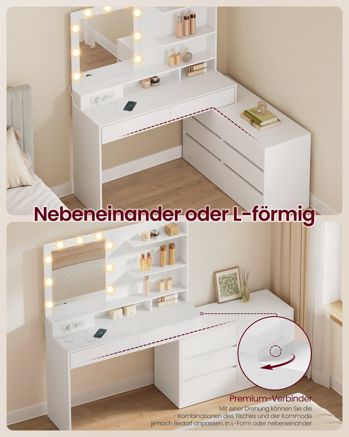 Kailyn Kollektion - Schminktisch mit Spiegel und LED-Beleuchtung