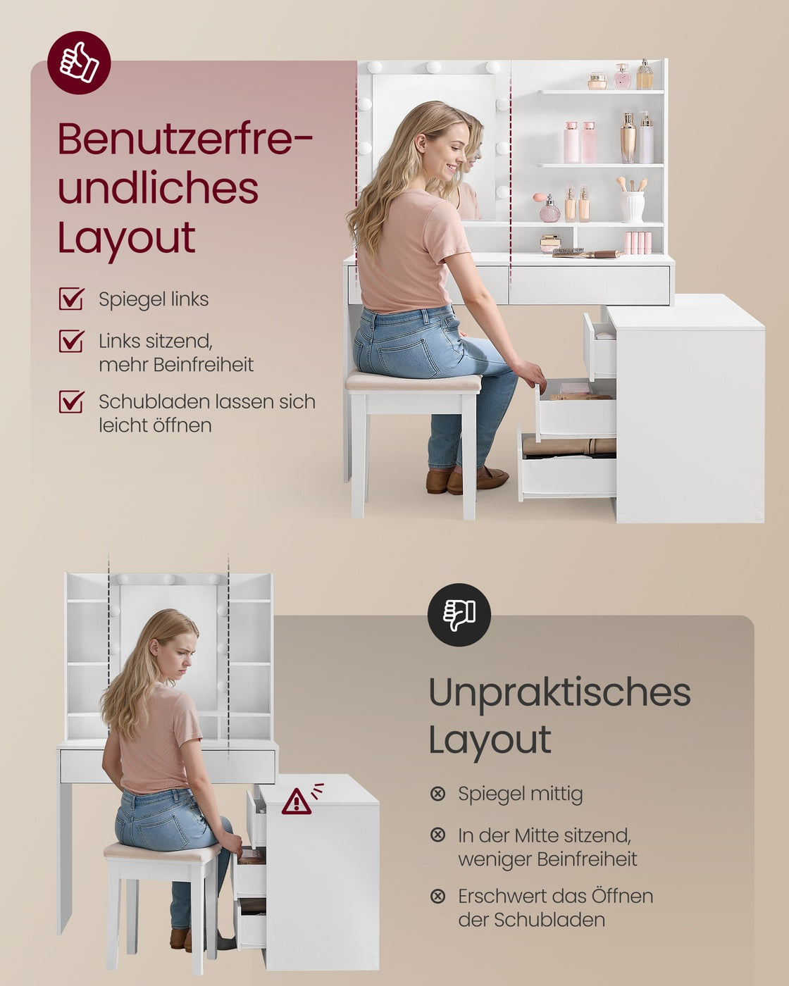 Kailyn Kollektion - Schminktisch mit Spiegel und LED-Beleuchtung