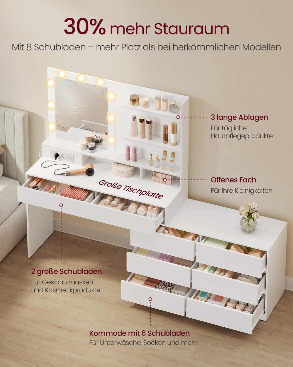 Kailyn Kollektion - Schminktisch mit Spiegel und LED-Beleuchtung