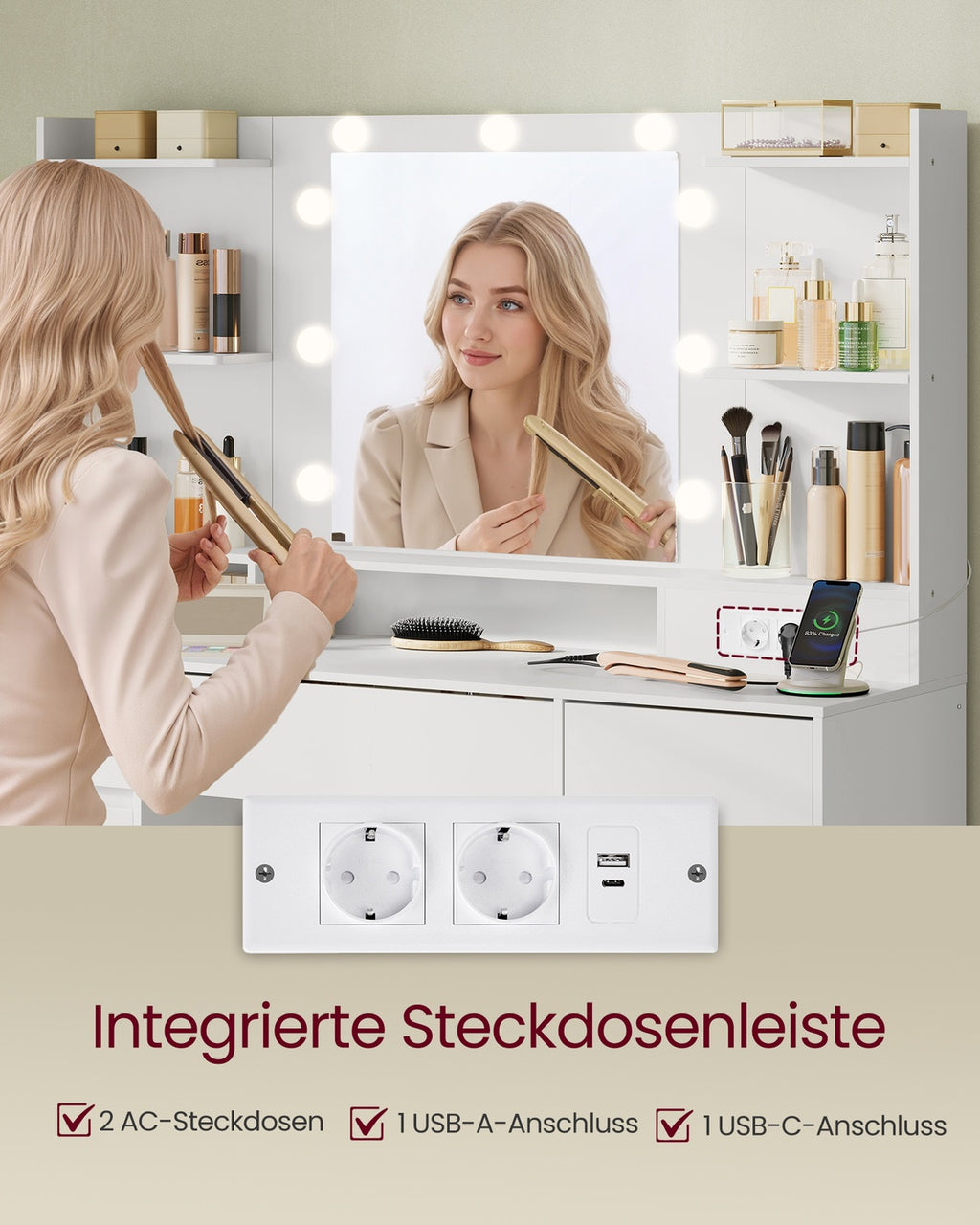 Schminktisch mit Spiegel LED Beleuchtung und Schränken