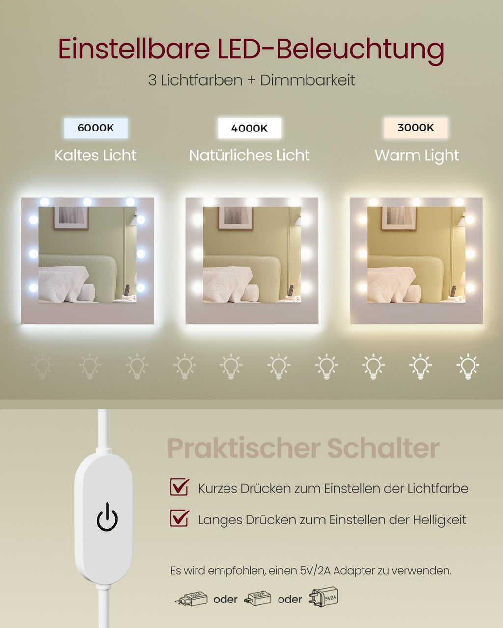 Kailyn Schminktisch mit Spiegel und LED Beleuchtung
